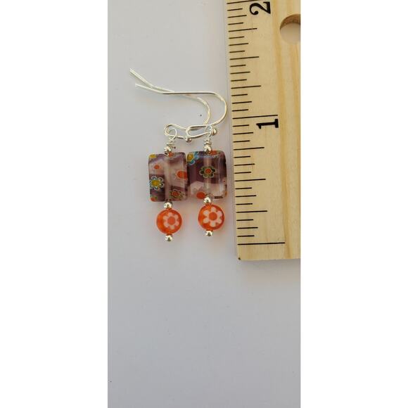 Purple and Orange Millefiori Murano Glass Earrings Handmade with Silver Findings - Picture 2 of 5